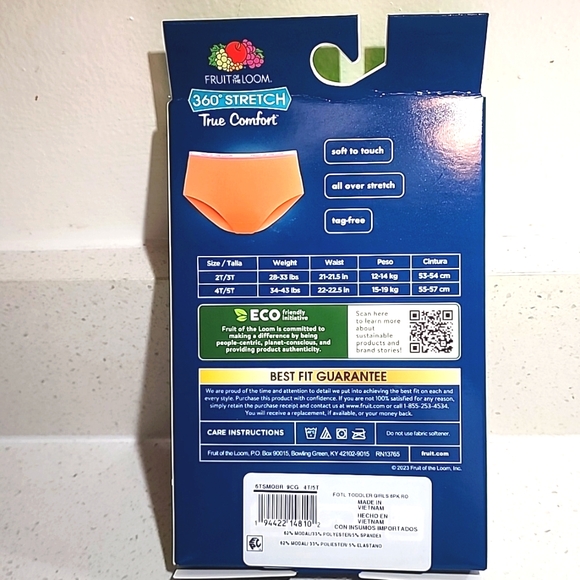 Girl's 4T/5T Fruit of the Loom 360° Stretch Briefs 6Pk Blue, Pink, Orange, Green - Picture 2 of 3